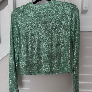 Mango Mint Green Sequin Long Sleeve Top